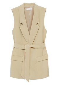 Ärmelloser beiger Blazer mit einem taillierten Gürtel, Reverskragen und zwei vorderen Taschen. Glattes Material mit maßgeschneidertem Design.