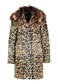 Kabát z umělé kožešiny s leopardím potiskem, s černo-hnědým kožešinovým límcem, dlouhými rukávy a jednorušným zapínáním. Měkká, texturovaná látka.