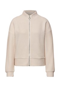 Béžová proužkovaná bunda s vysokým límcem, plným zipem a žebrovanými manžetami. Měkká textura s volným střihem. Vertikální proužky po celém povrchu.