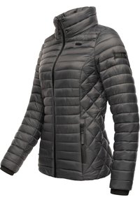 Quilted black puffer jacket with high collar, front zipper, and side pockets. Ribbed cuffs and textured fabric enhance warmth and style.