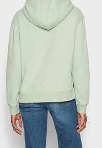 Hoodie vert léger avec capuche à cordon de serrage, poignets et ourlet côtelés. Tissu en mélange de coton, coupe décontractée, associé à un jean en denim bleu.