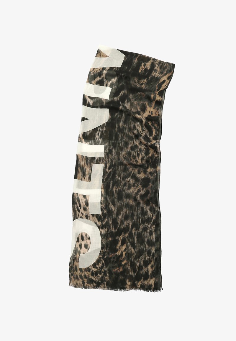 Écharpe en imprimé léopard noir, marron et crème. Caractérisée par un texte blanc en gras. Tissu léger et doux avec des bords effilochés.