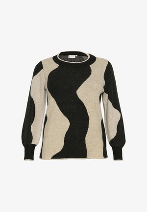 Strikketrøje med bølgedesign i sort og beige, rund halsudskæring og lange ærmer. Blød tekstur og ribbede manchetter.