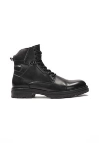 Botas de cuero negras hasta el tobillo con punta redondeada, diseño de cordones, parte superior texturizada y suela de goma duradera con un ligero tacón.