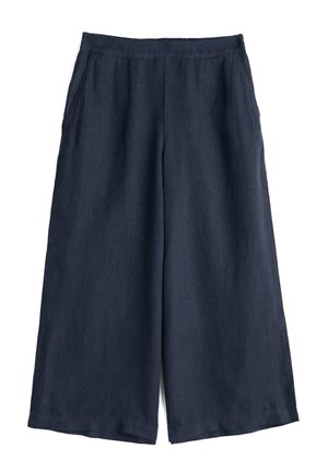 Marinefarbene weite Beine aus Leinenmischgewebe, mit hoher Taille, zwei seitlichen Taschen und einer geraden, fließenden Silhouette.