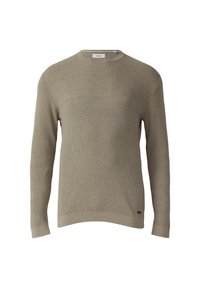 Beżowy sweter dziany z okrągłym dekoltem, długimi rękawami, teksturowanym materiałem oraz ściągaczami na mankietach i dole. Posiada małą metkę marki na dole.