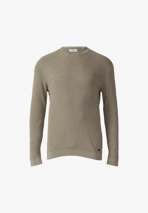 Beige knitted sweater with a round neckline, long sleeves, textured fabric, and ribbed cuffs and hem. Features a small brand label at the bottom.