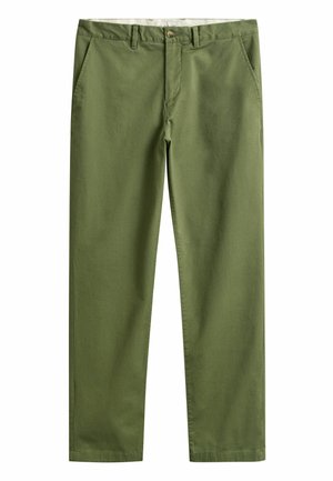 Pantaloni dritti verde oliva con passanti per cintura, bottone frontale, chiusura con zip e tasche laterali.