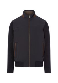 Męska kurtka z zamkiem z przodu, pikowana w ciemnoniebieskim kolorze, z teksturowanymi rękawami. Udekorowana brązowymi detalami na ramionach i kieszeniach.