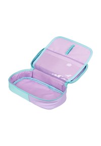 Custodia zip in viola e turchese con una texture morbida, dotata di un ampio interno e di una tasca in rete per l'organizzazione.