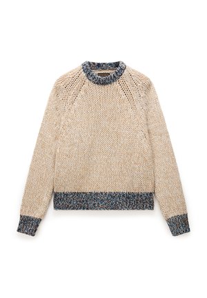 Pletený svetr v světle béžové barvě s texturovaným otevřeným vzorem. Má modře tečkovaný kulatý výstřih a lem, dlouhé rukávy s žebrovanými manžetami.