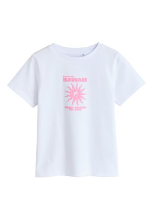 Hvid T-shirt med korte ærmer med pink sol-grafik og tekst med "Hawaii" og "Surf Board Sea View" på frontens midte.