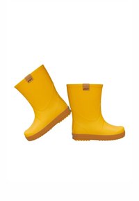 Bottes de pluie en caoutchouc jaune avec une texture lisse, bout rond et semelle en caoutchouc marron contrastante. Présente une étiquette en cuir à l'arrière.