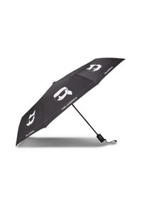 Black umbrella featuring a distinctive design with white graphic accents. The handle includes a button for automatic opening and closing.
