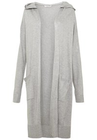 Jasnoszary, długi kardigan z otwartym przodem, z kapturem, długimi rękawami oraz dwiema przednimi kieszeniami, wykonany z miękkiego dzianiny.