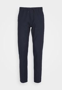 Pantalon décontracté bleu marine avec taille à cordon et passants pour ceinture, coupe droite, présenté sur fond blanc.