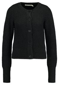 Schwarze Strickjacke mit geripptem Muster, rundem Ausschnitt und fünf Knöpfen. Lange Ärmel mit enganliegenden Bündchen.