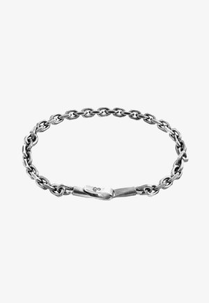 Silver chain bracelet featuring interlocking links, a sleek design, and a secure clasp with a subtle logo detail.