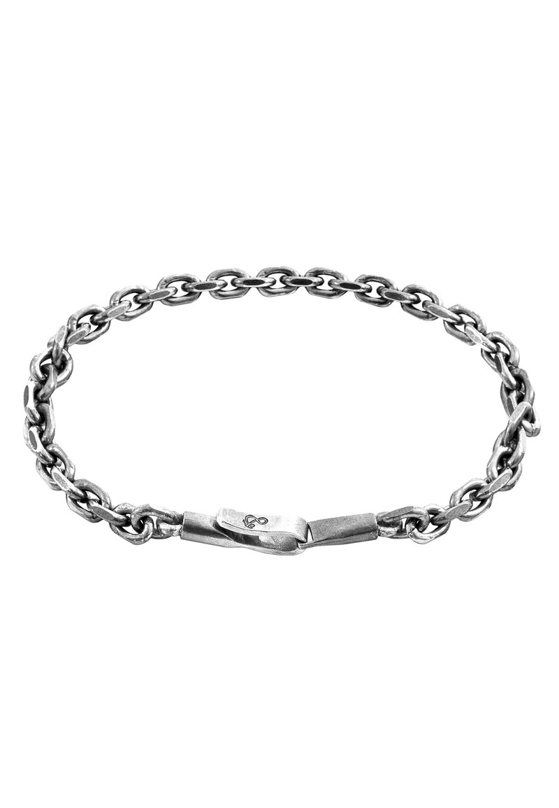 Silver chain bracelet featuring interlocking links, a sleek design, and a secure clasp with a subtle logo detail.