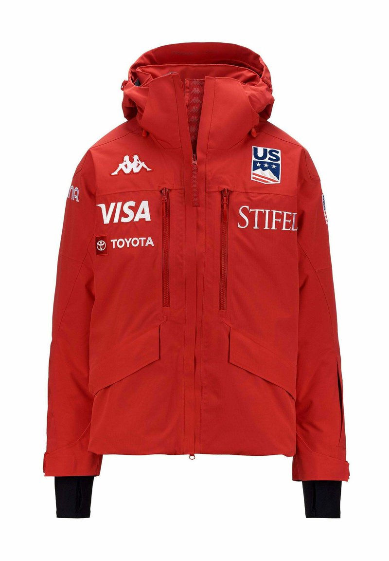 Giacca da sci rossa con cappuccio, materiale impermeabile, due tasche frontali con zip, polsini elastici, dettagli con logo e design leggermente aderente.