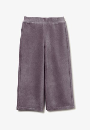 Pantaloni a palazzo in velluto a coste viola con una consistenza morbida, dotati di vita a coste e una vestibilità dritta e ampia.
