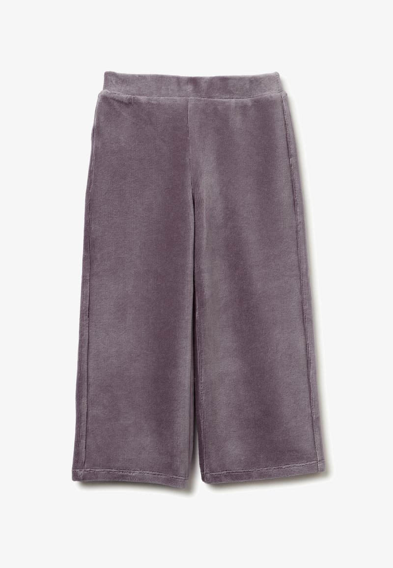 Fioletowe spodnie z szerokimi nogawkami z żakardowej tkaniny o miękkiej fakturze, z prążkowanym paskiem w talii oraz prostym, luźnym krojem.