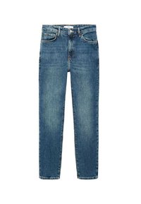 Blå denimjeans med rak passform, femficksdesign, kontrasterande sömmar och en distinkt blekt finish. Metallknapp och dragkedjedel.