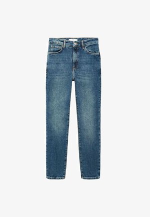 Blå denimjeans med lige snit, fem-lomme design, kontrasterende syninger og en karakteristisk falmet finish. Metalknap og lynlås lukning.