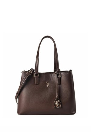 Dunkelbraune Lederhandtasche mit zwei Griffen, einem abnehmbaren Schulterriemen und einem kleinen Metall-Logo mit Pferd und Reiter vorne.