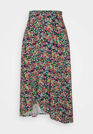 Mid-length skirt with colorful small floral print in red, yellow, green, white, and purple on a dark background, featuring an asymmetrical hem.