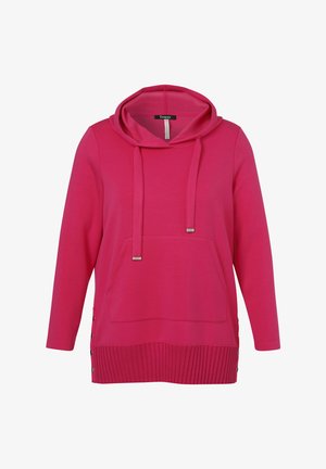 Pink hooded sweatshirt with a front pocket, ribbed hem, side button accents, and drawstrings. Made from soft fabric with a smooth texture.