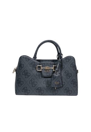 Sac à main Guess bleu foncé avec motif monogrammé, doubles poignées, détail boucle argentée et petite étiquette attachée avec le nom de la marque.