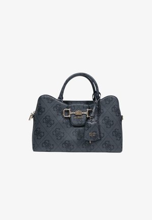 Sac à main Guess bleu foncé avec motif monogrammé, doubles poignées, détail boucle argentée et petite étiquette attachée avec le nom de la marque.