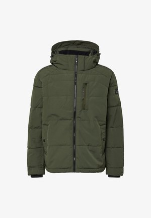 Kurtka puchowa w kolorze oliwkowej zieleni z zamkiem błyskawicznym z przodu, regulowanym kapturem i dwoma bocznymi kieszeniami. Charakteryzuje się pikowanym wzorem i teksturowaną tkaniną.