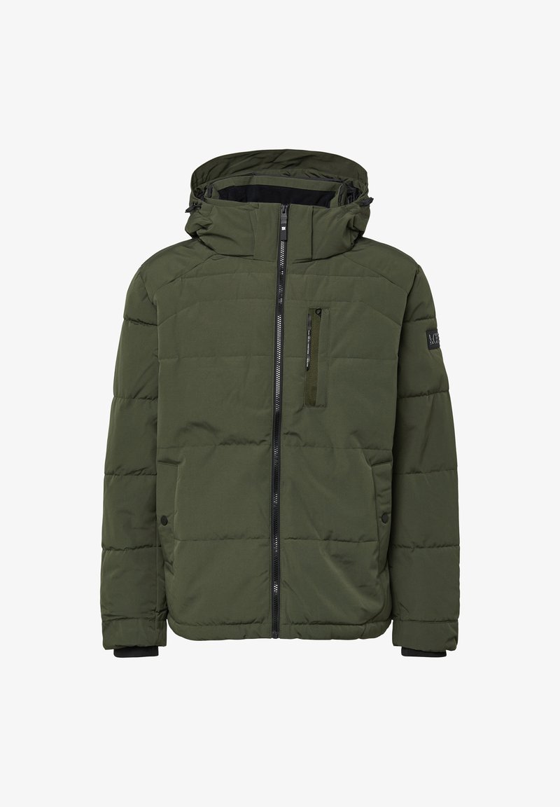 Kurtka puchowa w kolorze oliwkowej zieleni z zamkiem błyskawicznym z przodu, regulowanym kapturem i dwoma bocznymi kieszeniami. Charakteryzuje się pikowanym wzorem i teksturowaną tkaniną.