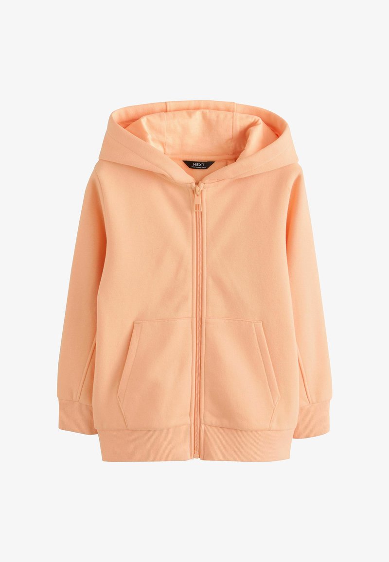 Felpa con zip color pesca realizzata in tessuto morbido, dotata di un ampio cappuccio, due tasche frontali e polsini e bordo a costine.