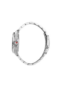 Orologio in acciaio inossidabile silver con bracciale a maglie, caratterizzato da una cassa testurizzata, quadrante circolare e un accento rosso sulla corona di carica.