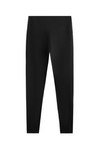 Fekete, magas derékú, hosszú leggings sima, rugalmas derékrésszel és látható logók vagy minták nélkül.