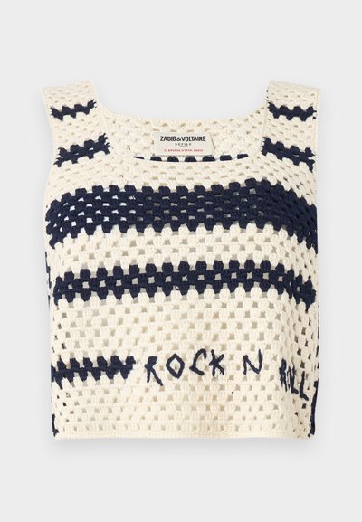Hæklede crop top i beige med marineblå striber og teksten "ROCK N ROLL". Har en firkantet udskæring og brede skulderstropper. Åben vævning.