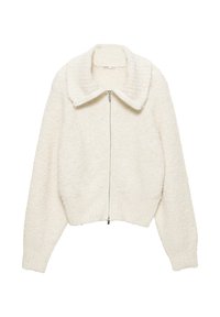 Krémová zipová bunda vyrobená z texturovaného fleecového materiálu, s velkým límcem a elastickým páskem, s dlouhými rukávy.