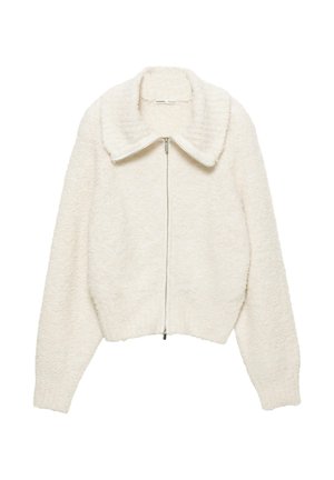 Giacca zip-up color crema realizzata in tessuto di pile testurizzato, con un ampio colletto e vita elasticizzata, dotata di maniche lunghe.