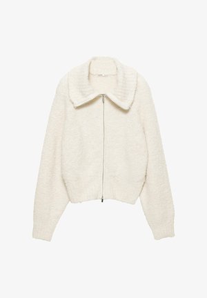 Jachetă crem din fleece texturat, cu fermoar, având un guler mare și un brâu elastic, cu mâneci lungi.