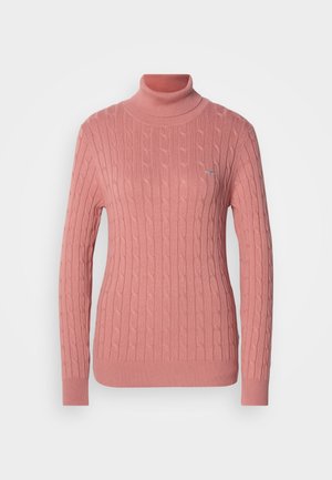 Maglione a collo alto in rosa a treccia, con maniche lunghe, polsini e orlo a coste; presenta un piccolo logo sul petto.