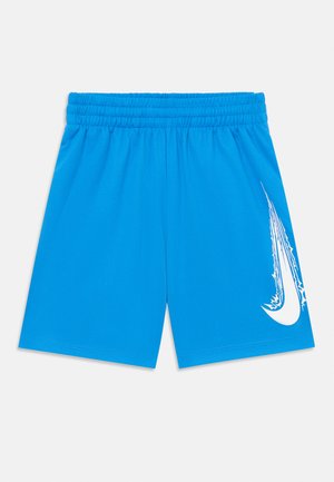 Shorts de sport bleus avec une taille élastique et un design de logo Nike blanc en bas à gauche. Tissu synthétique lisse.