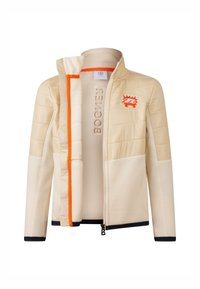 Beige lynlåsjakke med polstret front, orange lynlåsdetalje og logo. Har en blød indvendig foring og marineblå kantdetaljer.