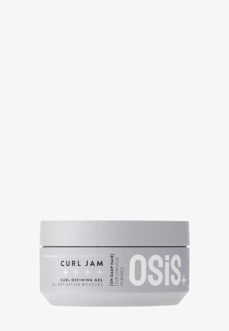 OSiS+ Curl Jam Lockengel für lockige Haare in einem grauen Behälter. Runde Form, glatte Textur, mit schwarz-weißem Text und Schraubverschluss.