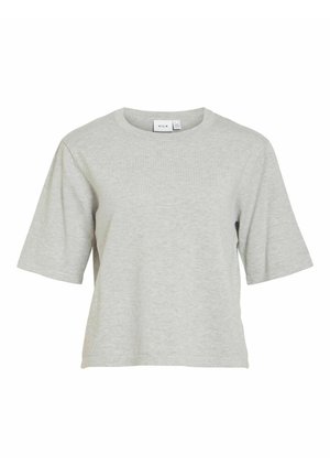 T-shirt gris clair à manches courtes avec un col rond et une coupe ample, fabriqué en tissu doux à texture lisse. Design minimaliste.