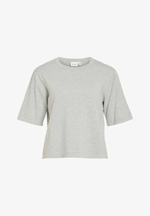 Šviesiai pilka trumpomis rankovėmis marškinėliai su apvalia iškirpte ir laisvu siluetu, pagaminti iš minkštos, lygios tekstūros medžiagos. Minimalistinis dizainas.