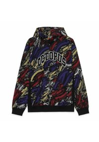 Sudadera con capucha que presenta un patrón de tentáculos de pulpo multicolor en rojo, púrpura, amarillo y blanco sobre una base negra, con "OCTOPUS" impreso en el frente.
