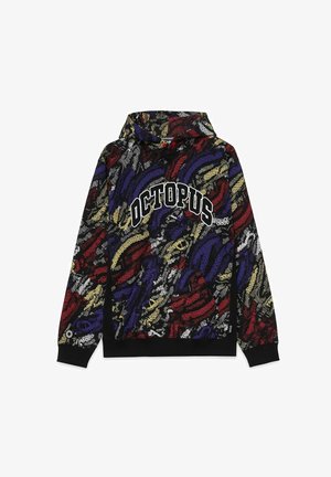 Felpa con cappuccio caratterizzata da un motivo a tentacoli di polpo multicolore in rosso, viola, giallo e bianco su una base nera, con la scritta "OCTOPUS" stampata sulla parte anteriore.